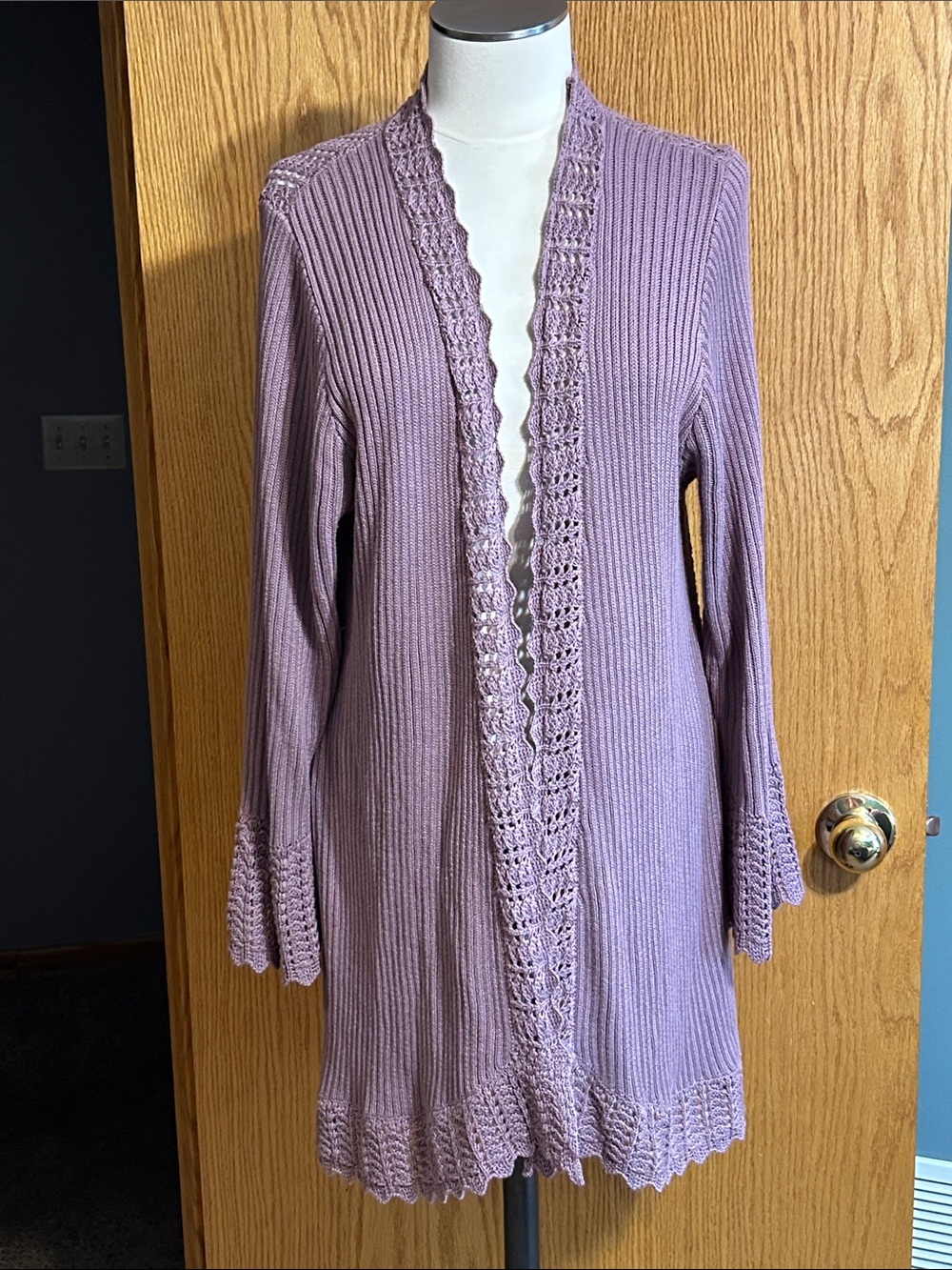 SIMPLY‎ Noelle Dusty Lilac Crochet-Trim  Long Cardigan no size tag APPROX XL/XXL